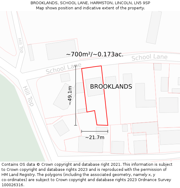 BROOKLANDS, SCHOOL LANE, HARMSTON, LINCOLN, LN5 9SP: Plot and title map
