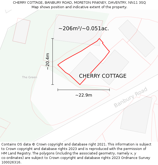 CHERRY COTTAGE, BANBURY ROAD, MORETON PINKNEY, DAVENTRY, NN11 3SQ: Plot and title map