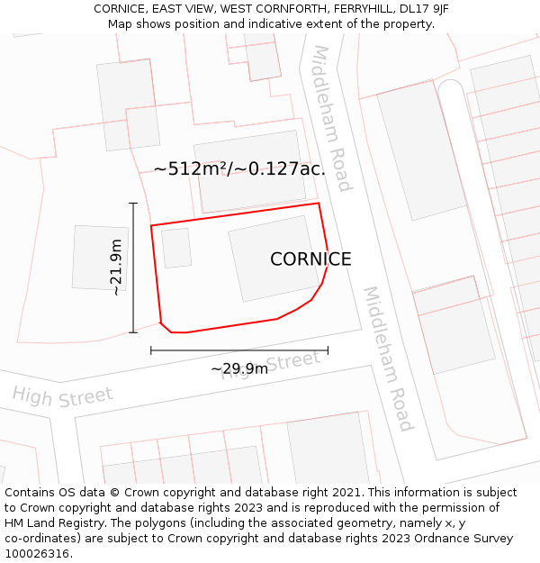 CORNICE, EAST VIEW, WEST CORNFORTH, FERRYHILL, DL17 9JF: Plot and title map