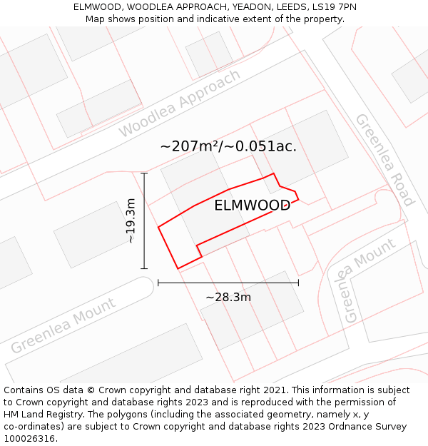 ELMWOOD, WOODLEA APPROACH, YEADON, LEEDS, LS19 7PN: Plot and title map