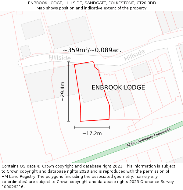 ENBROOK LODGE, HILLSIDE, SANDGATE, FOLKESTONE, CT20 3DB: Plot and title map