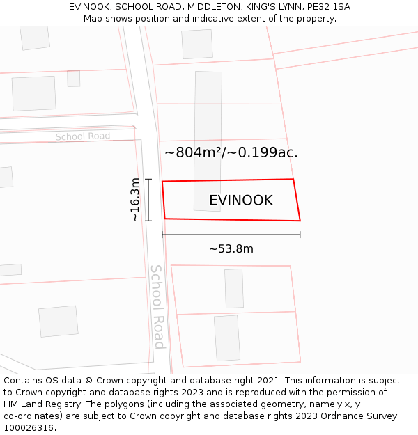 EVINOOK, SCHOOL ROAD, MIDDLETON, KING'S LYNN, PE32 1SA: Plot and title map