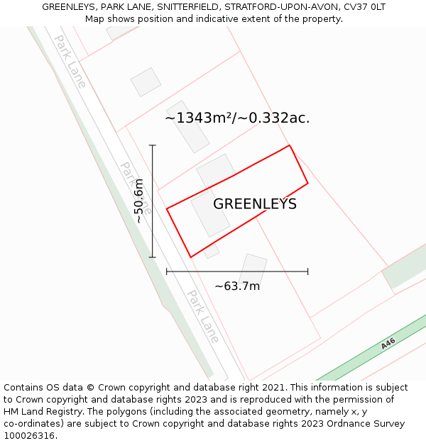 GREENLEYS, PARK LANE, SNITTERFIELD, STRATFORD-UPON-AVON, CV37 0LT: Plot and title map