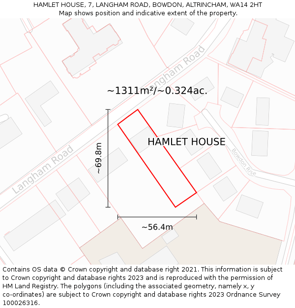 HAMLET HOUSE, 7, LANGHAM ROAD, BOWDON, ALTRINCHAM, WA14 2HT: Plot and title map