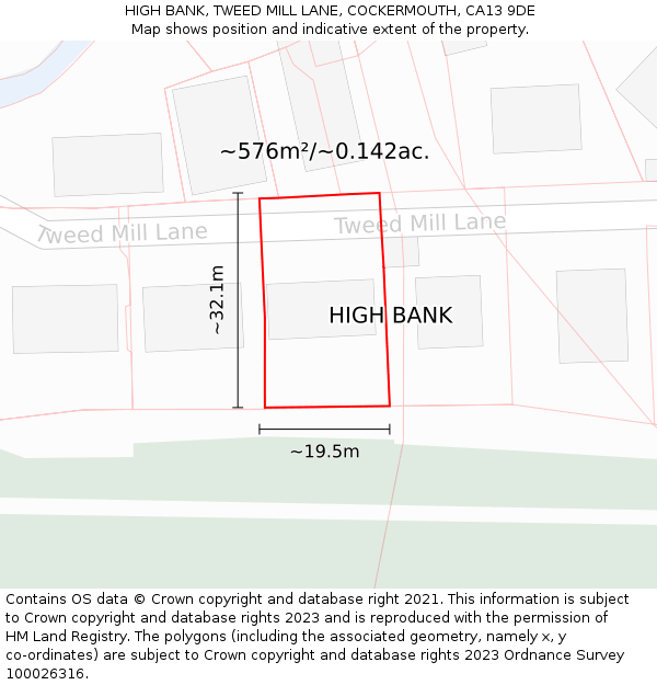 HIGH BANK, TWEED MILL LANE, COCKERMOUTH, CA13 9DE: Plot and title map