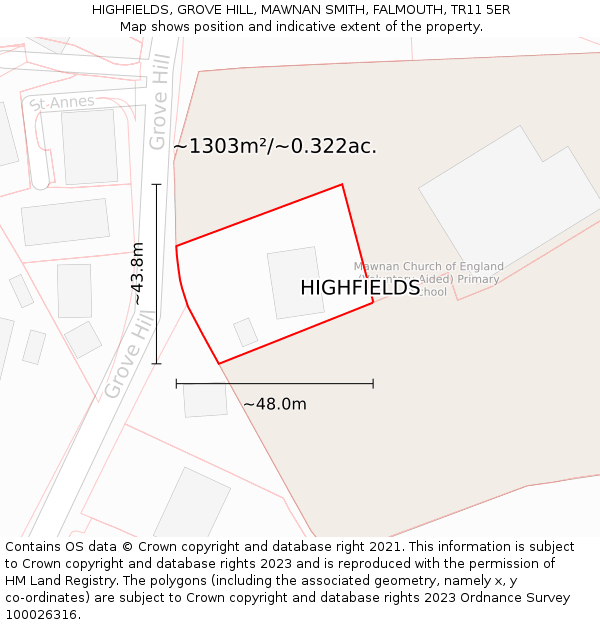 HIGHFIELDS, GROVE HILL, MAWNAN SMITH, FALMOUTH, TR11 5ER: Plot and title map