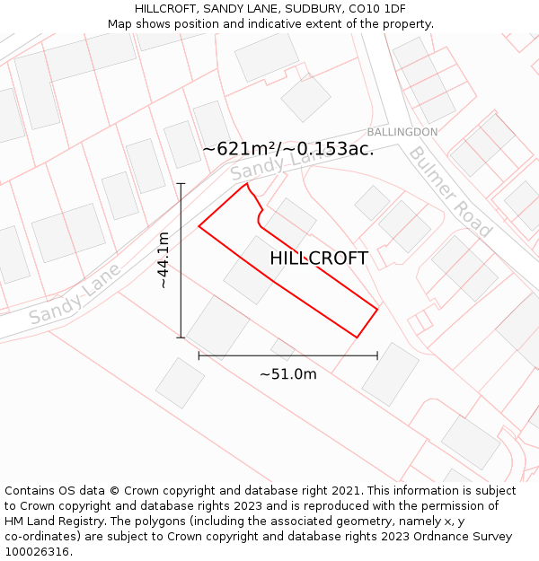 HILLCROFT, SANDY LANE, SUDBURY, CO10 1DF: Plot and title map