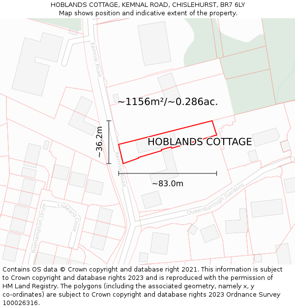 HOBLANDS COTTAGE, KEMNAL ROAD, CHISLEHURST, BR7 6LY: Plot and title map