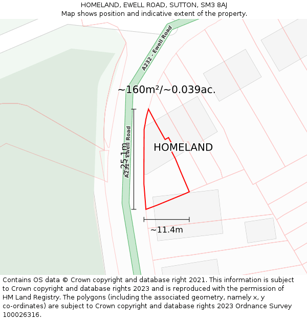 HOMELAND, EWELL ROAD, SUTTON, SM3 8AJ: Plot and title map