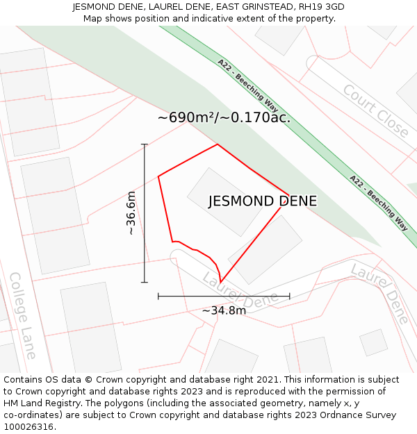 JESMOND DENE, LAUREL DENE, EAST GRINSTEAD, RH19 3GD: Plot and title map
