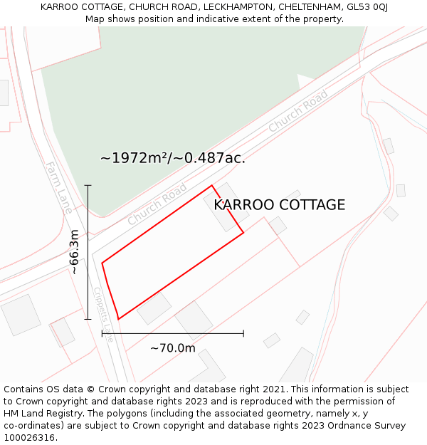 KARROO COTTAGE, CHURCH ROAD, LECKHAMPTON, CHELTENHAM, GL53 0QJ: Plot and title map