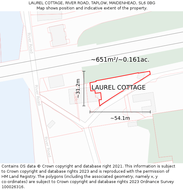 LAUREL COTTAGE, RIVER ROAD, TAPLOW, MAIDENHEAD, SL6 0BG: Plot and title map