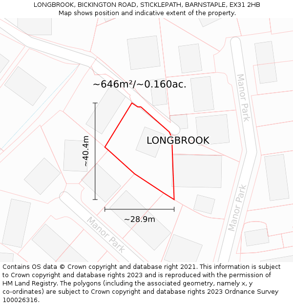 LONGBROOK, BICKINGTON ROAD, STICKLEPATH, BARNSTAPLE, EX31 2HB: Plot and title map