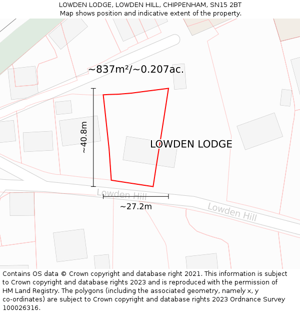 LOWDEN LODGE, LOWDEN HILL, CHIPPENHAM, SN15 2BT: Plot and title map