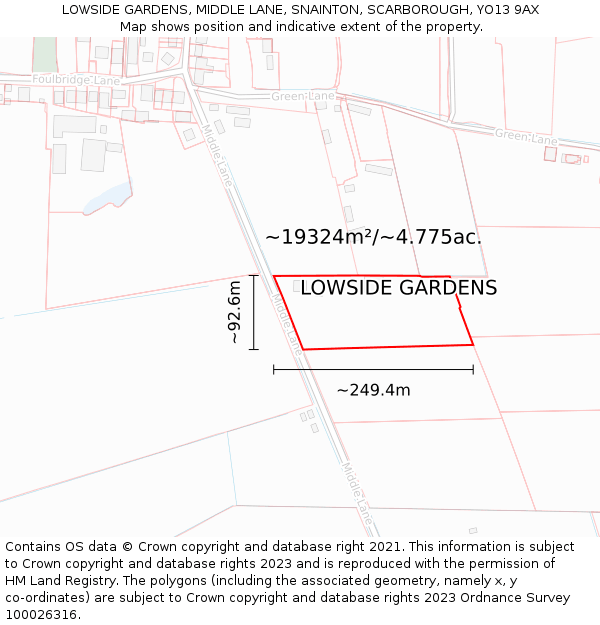 LOWSIDE GARDENS, MIDDLE LANE, SNAINTON, SCARBOROUGH, YO13 9AX: Plot and title map
