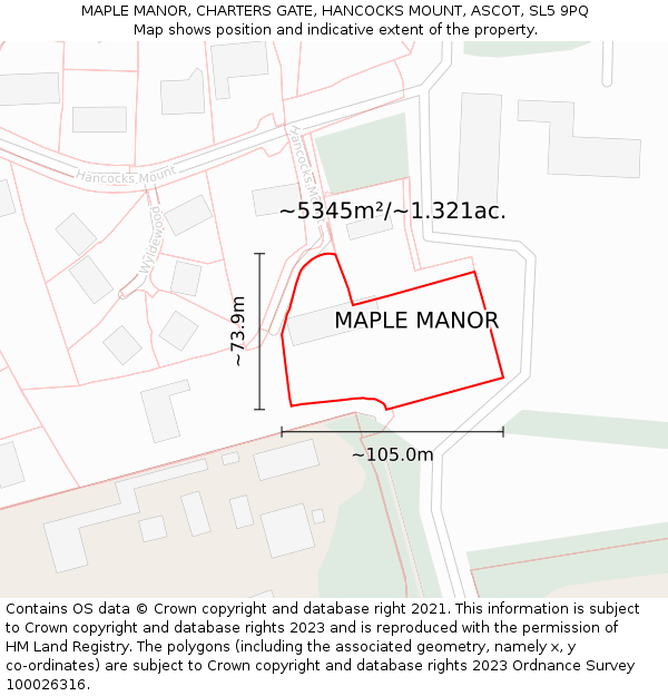 MAPLE MANOR, CHARTERS GATE, HANCOCKS MOUNT, ASCOT, SL5 9PQ: Plot and title map