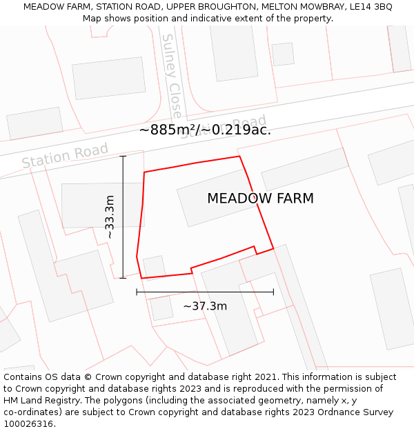 MEADOW FARM, STATION ROAD, UPPER BROUGHTON, MELTON MOWBRAY, LE14 3BQ: Plot and title map