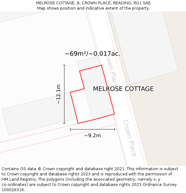 MELROSE COTTAGE, 8, CROWN PLACE, READING, RG1 5AE: Plot and title map