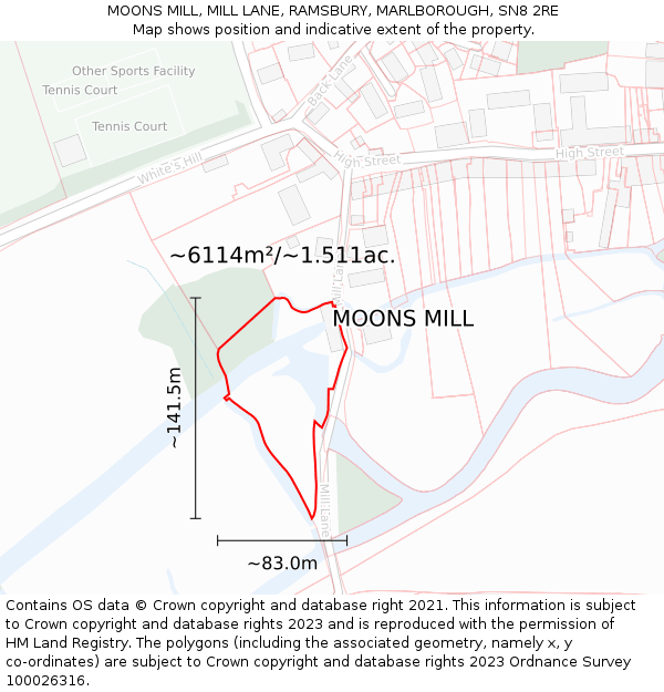 MOONS MILL, MILL LANE, RAMSBURY, MARLBOROUGH, SN8 2RE: Plot and title map