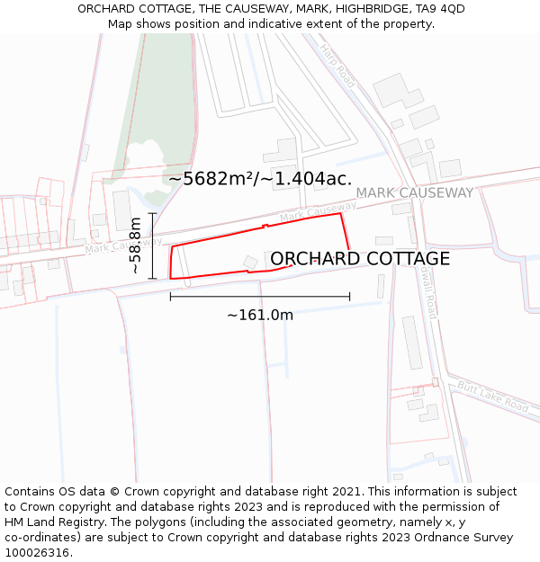 ORCHARD COTTAGE, THE CAUSEWAY, MARK, HIGHBRIDGE, TA9 4QD: Plot and title map
