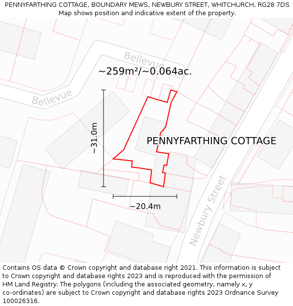 PENNYFARTHING COTTAGE, BOUNDARY MEWS, NEWBURY STREET, WHITCHURCH, RG28 7DS: Plot and title map