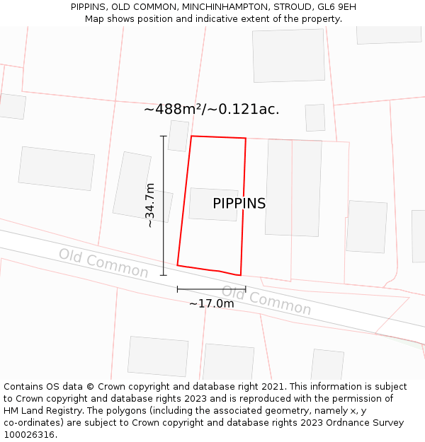 PIPPINS, OLD COMMON, MINCHINHAMPTON, STROUD, GL6 9EH: Plot and title map