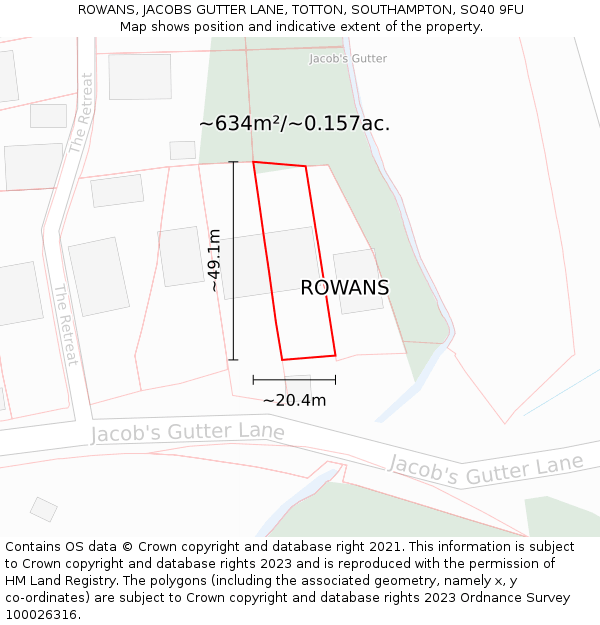 ROWANS, JACOBS GUTTER LANE, TOTTON, SOUTHAMPTON, SO40 9FU: Plot and title map