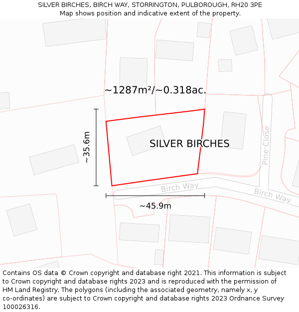 SILVER BIRCHES, BIRCH WAY, STORRINGTON, PULBOROUGH, RH20 3PE: Plot and title map
