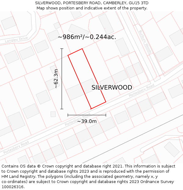 SILVERWOOD, PORTESBERY ROAD, CAMBERLEY, GU15 3TD: Plot and title map