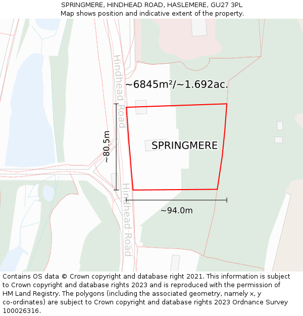 SPRINGMERE, HINDHEAD ROAD, HASLEMERE, GU27 3PL: Plot and title map
