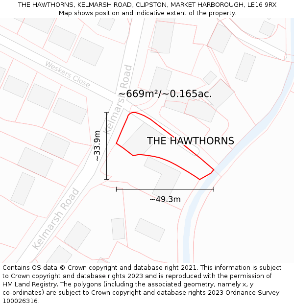 THE HAWTHORNS, KELMARSH ROAD, CLIPSTON, MARKET HARBOROUGH, LE16 9RX: Plot and title map