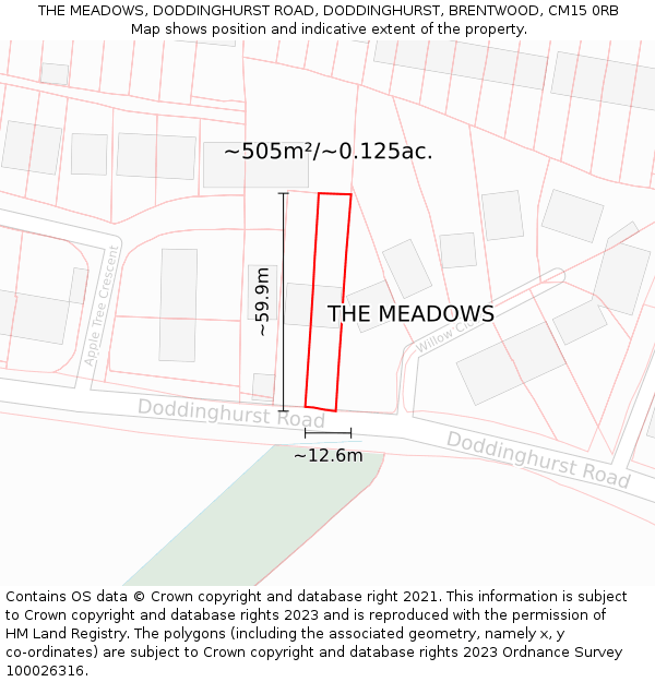 THE MEADOWS, DODDINGHURST ROAD, DODDINGHURST, BRENTWOOD, CM15 0RB: Plot and title map