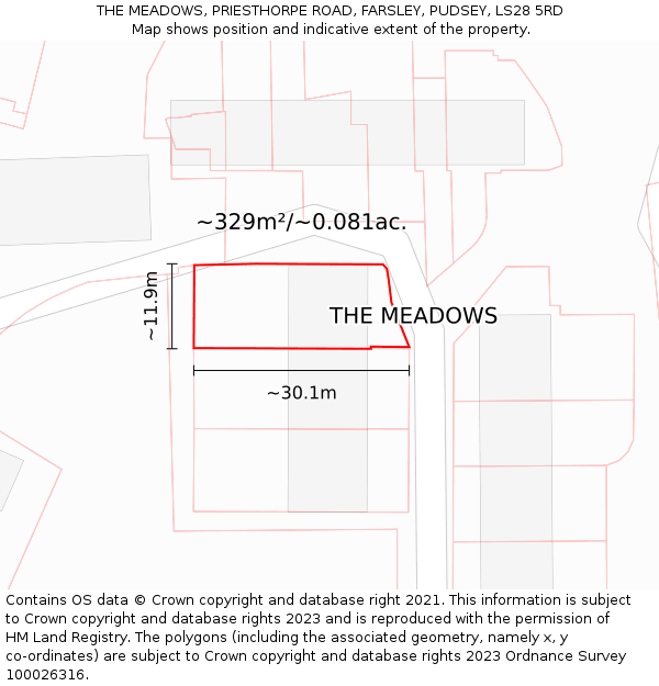 THE MEADOWS, PRIESTHORPE ROAD, FARSLEY, PUDSEY, LS28 5RD: Plot and title map