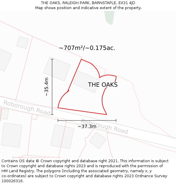 THE OAKS, RALEIGH PARK, BARNSTAPLE, EX31 4JD: Plot and title map