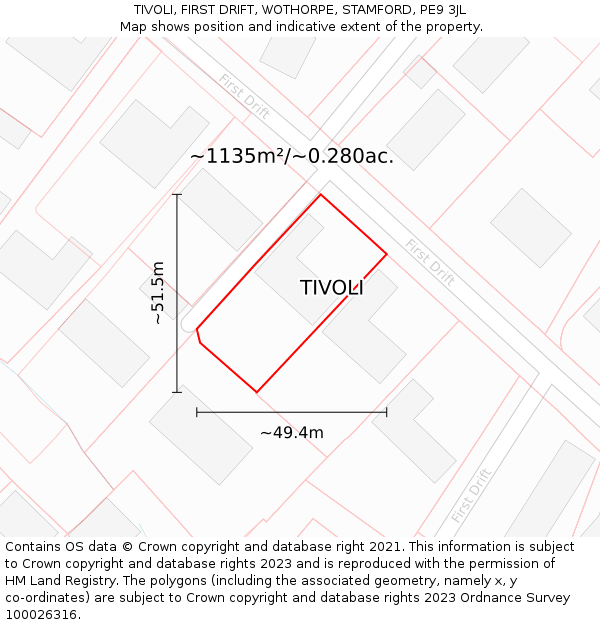 TIVOLI, FIRST DRIFT, WOTHORPE, STAMFORD, PE9 3JL: Plot and title map
