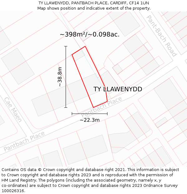 TY LLAWENYDD, PANTBACH PLACE, CARDIFF, CF14 1UN: Plot and title map