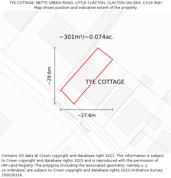 TYE COTTAGE, BETTS GREEN ROAD, LITTLE CLACTON, CLACTON-ON-SEA, CO16 9NH: Plot and title map