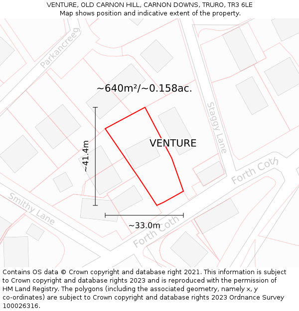 VENTURE, OLD CARNON HILL, CARNON DOWNS, TRURO, TR3 6LE: Plot and title map