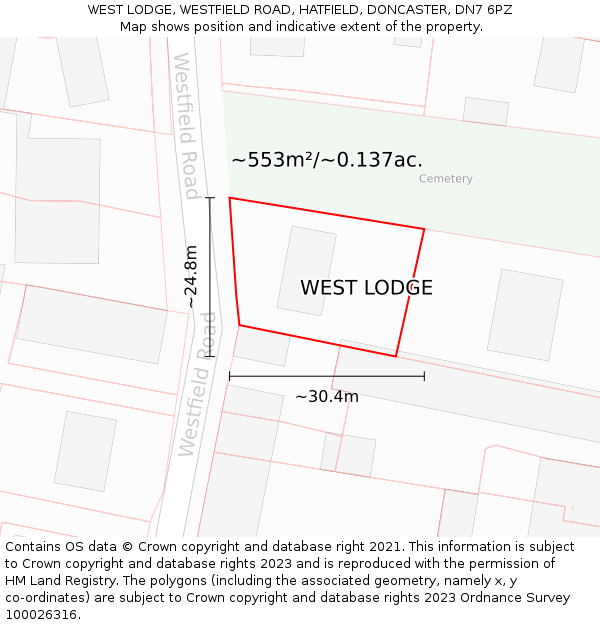 WEST LODGE, WESTFIELD ROAD, HATFIELD, DONCASTER, DN7 6PZ: Plot and title map