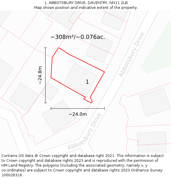 1, ABBOTSBURY DRIVE, DAVENTRY, NN11 2LB: Plot and title map