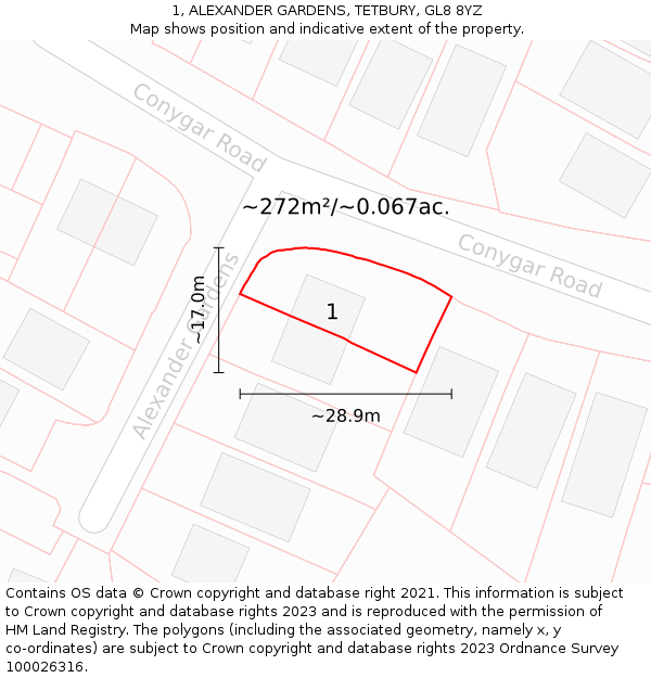 1, ALEXANDER GARDENS, TETBURY, GL8 8YZ: Plot and title map