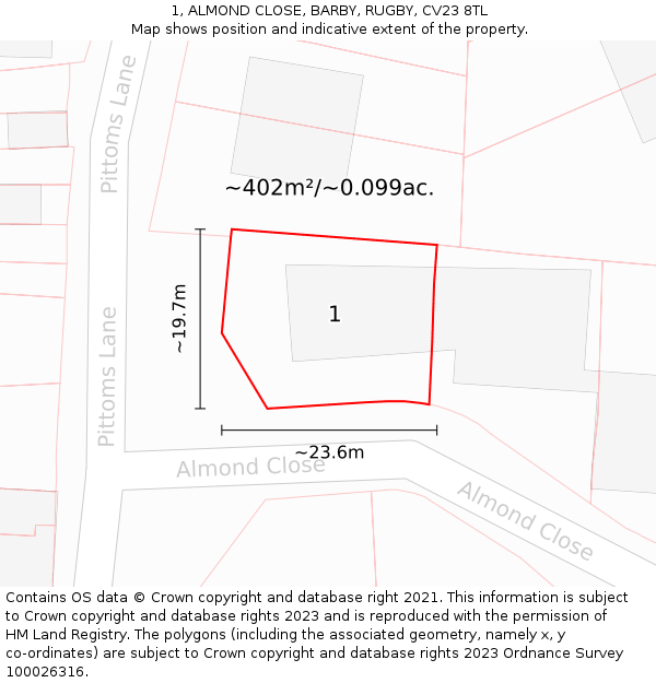 1, ALMOND CLOSE, BARBY, RUGBY, CV23 8TL: Plot and title map