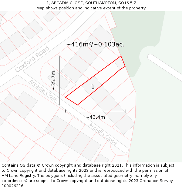 1, ARCADIA CLOSE, SOUTHAMPTON, SO16 5JZ: Plot and title map