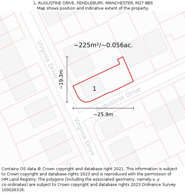 1, AUGUSTINE DRIVE, PENDLEBURY, MANCHESTER, M27 8BS: Plot and title map