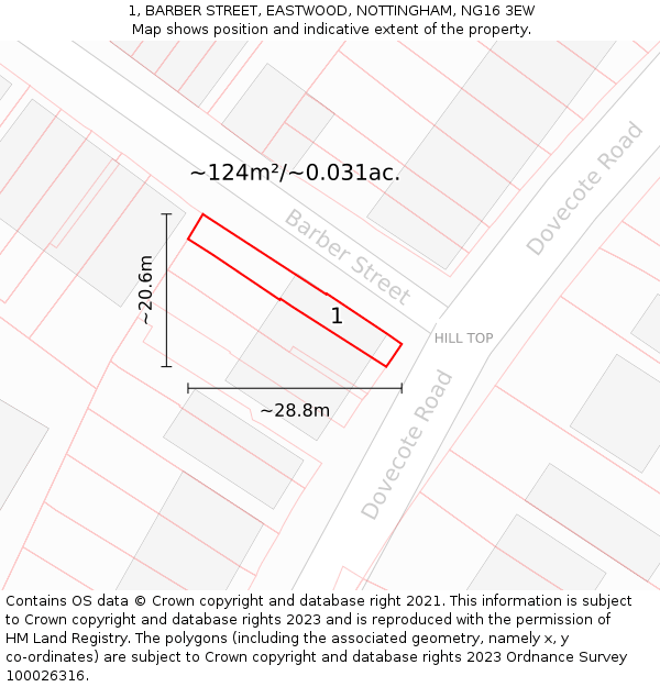 1, BARBER STREET, EASTWOOD, NOTTINGHAM, NG16 3EW: Plot and title map
