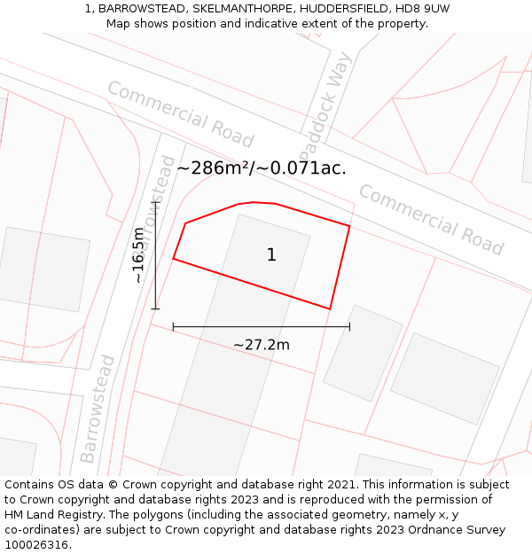1, BARROWSTEAD, SKELMANTHORPE, HUDDERSFIELD, HD8 9UW: Plot and title map