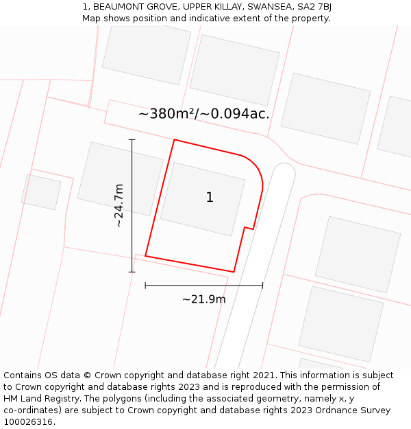 1, BEAUMONT GROVE, UPPER KILLAY, SWANSEA, SA2 7BJ: Plot and title map
