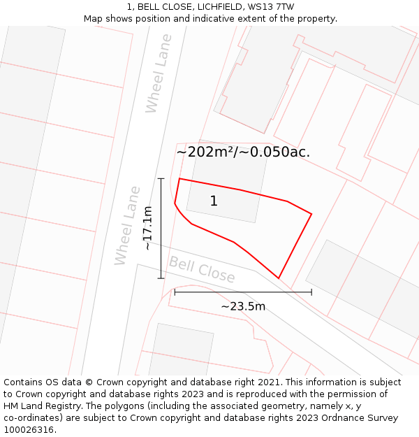 1, BELL CLOSE, LICHFIELD, WS13 7TW: Plot and title map