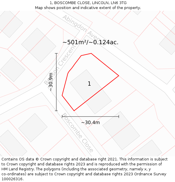 1, BOSCOMBE CLOSE, LINCOLN, LN6 3TG: Plot and title map