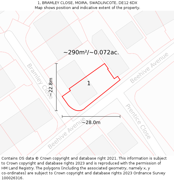 1, BRAMLEY CLOSE, MOIRA, SWADLINCOTE, DE12 6DX: Plot and title map
